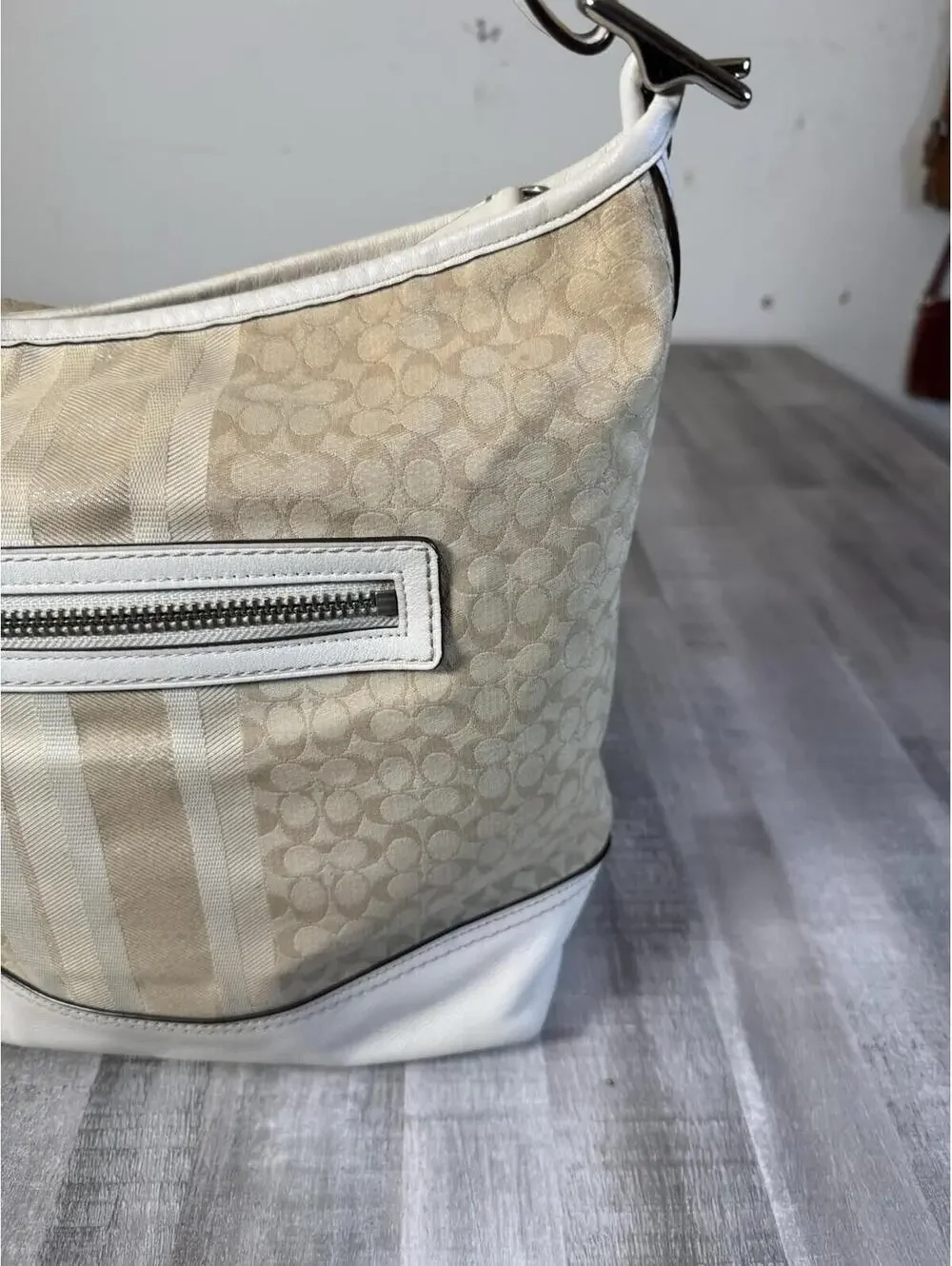 NCOACH LEGACY Khaki Ivory Signature Glitter Stripe Convertible Duffle Bag